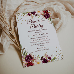 Burgundy Floral Confetti Brunch en Bubble Shower Kaart