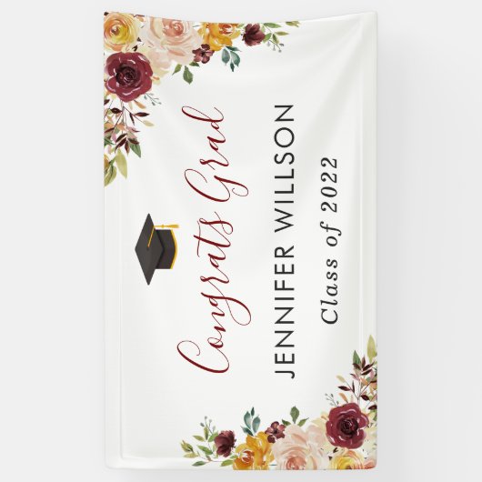 Burgundy Floral Congrats Afstudeerder Graduation P Spandoek (Verticaal)