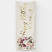 Burgundy Floral Cream Gold Happy Birthday Spandoek (Verticaal)