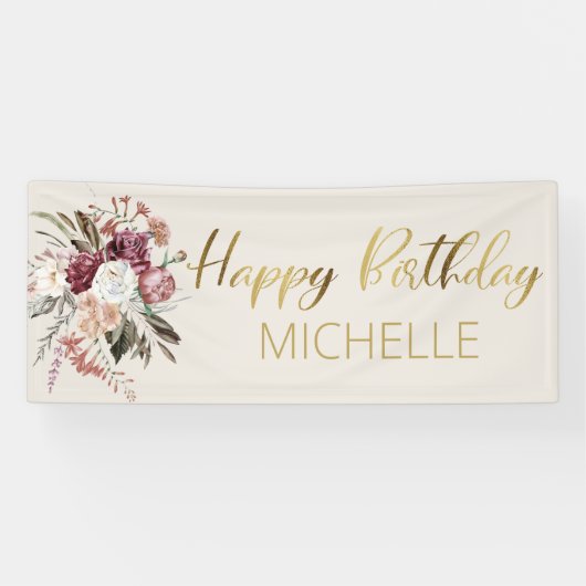Burgundy Floral Cream Gold Happy Birthday Spandoek (Horizontaal)
