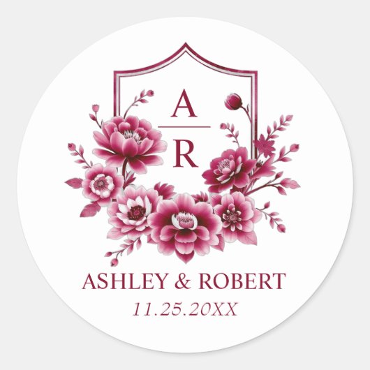Burgundy floral crest and initials wedding ronde sticker (Voorkant)