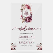 Burgundy Floral Crest  Muslim Wedding Welcome Acryl Bord (Voorkant)