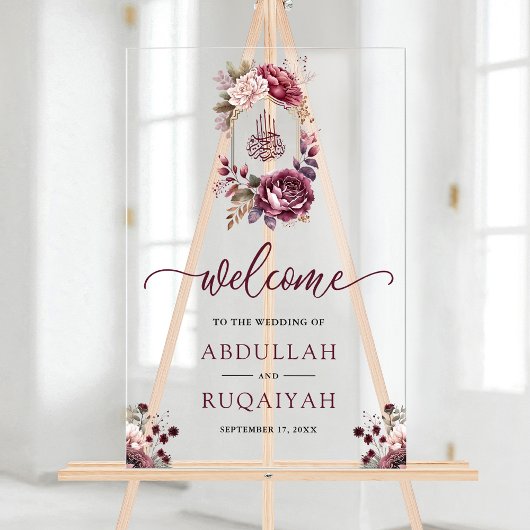 Burgundy Floral Crest  Muslim Wedding Welcome Acryl Bord