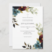 Burgundy Floral Cross Two Become One Wedding Kaart (Voorkant)