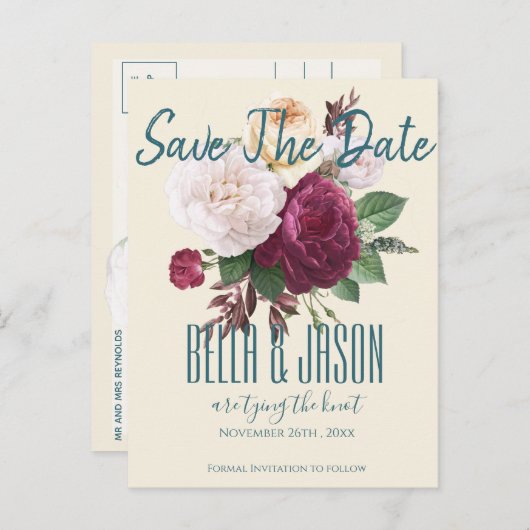 Burgundy Floral die de knoop vastbindt sparen de d Uitnodiging Briefkaart (Voorkant / Achterkant)