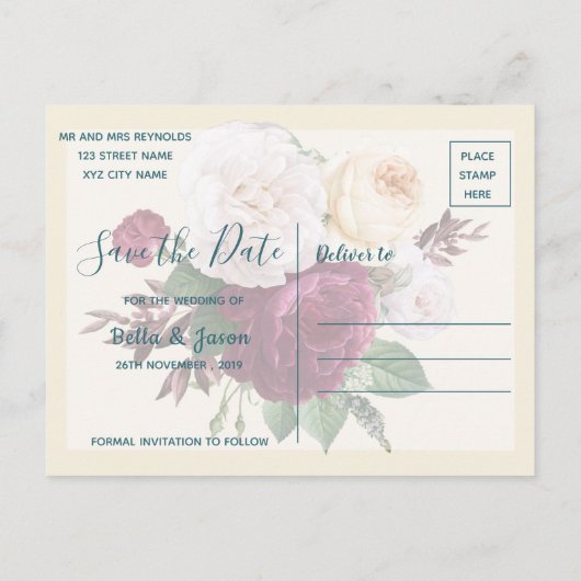 Burgundy Floral die de knoop vastbindt sparen de d Uitnodiging Briefkaart (Achterkant)