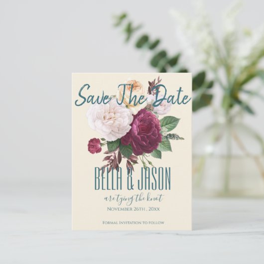 Burgundy Floral die de knoop vastbindt sparen de d Uitnodiging Briefkaart (Staand voorkant)