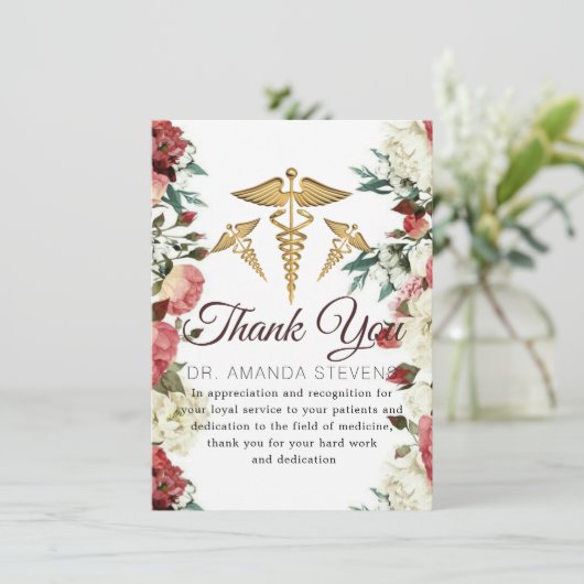 Burgundy Floral Doctor Hartelijk dank Bedankkaart (Staand voorkant)