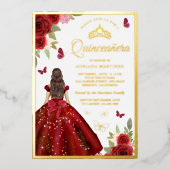 Burgundy Floral Dress Butterfly Quinceanera Gold Folie Uitnodiging (Voorkant)