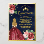 Burgundy Floral Dress Navy Blue Quinceanera Gold Folie Uitnodiging (Voorkant)
