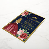 Burgundy Floral Dress Navy Blue Quinceanera Gold Folie Uitnodiging (Gedraaid)