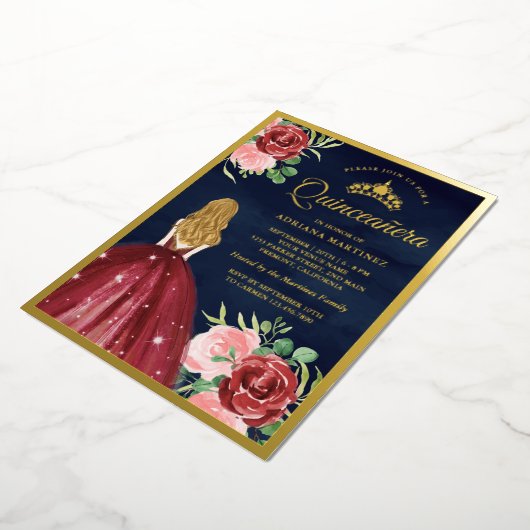 Burgundy Floral Dress Navy Blue Quinceanera Gold Folie Uitnodiging (Gedraaid)