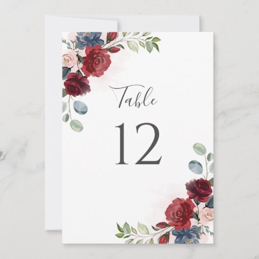 Burgundy Floral Dusty Blue Botanical Table Number (Voorkant)
