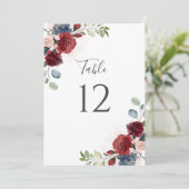 Burgundy Floral Dusty Blue Botanical Table Number (Staand voorkant)