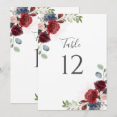 Burgundy Floral Dusty Blue Botanical Table Number (Voorkant / Achterkant)