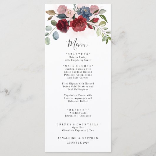 Burgundy Floral Dusty Blue Botanical Wedding Menu (Voorkant)