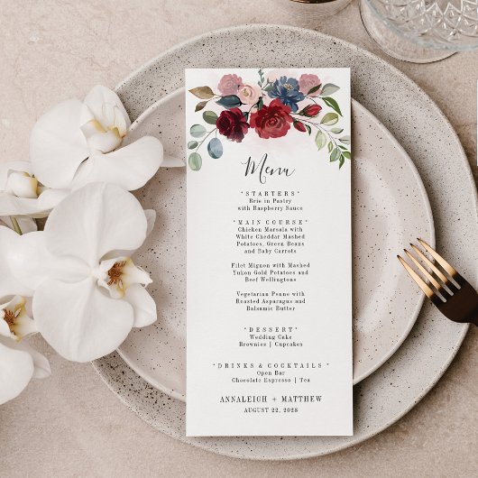 Burgundy Floral Dusty Blue Botanical Wedding Menu