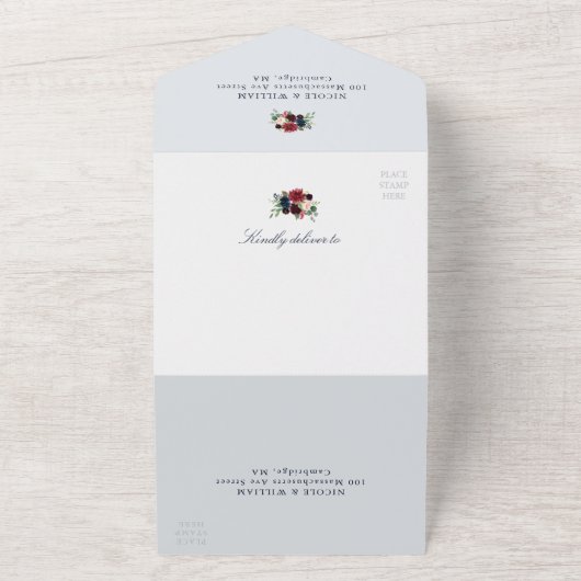 burgundy floral dusty blue bruiloft all in one uitnodiging (Buitenkant)