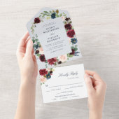 burgundy floral dusty blue bruiloft all in one uitnodiging (Afscheurbaar)