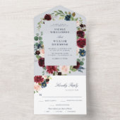 burgundy floral dusty blue bruiloft all in one uitnodiging (Binnen)