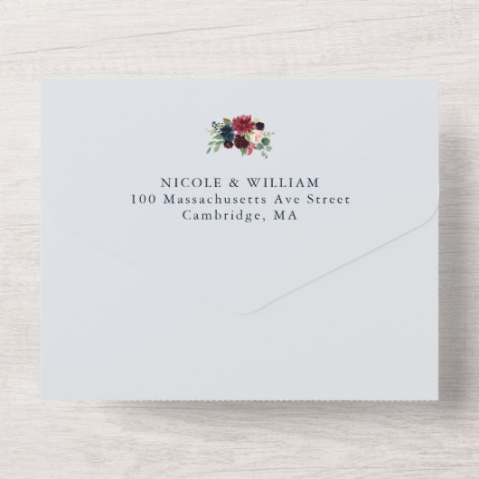 burgundy floral dusty blue bruiloft all in one uitnodiging (Achterkant)