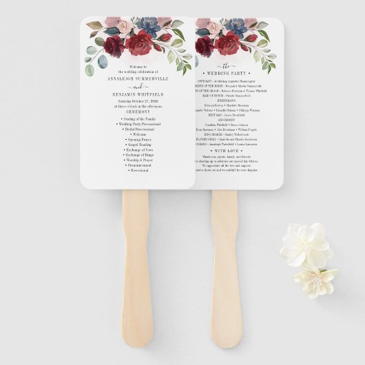 Burgundy Floral Dusty Blue Flowers Wedding Program Handwaaier (Voorkant en achterkant)