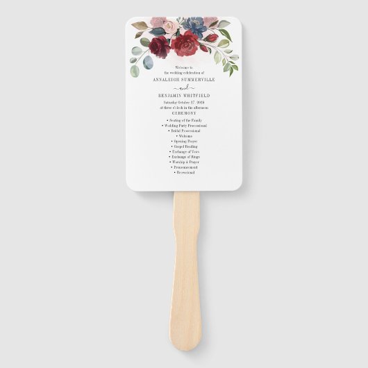 Burgundy Floral Dusty Blue Flowers Wedding Program Handwaaier (Voorkant)