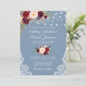 Burgundy Floral Dusty Blue Wedding Lace Lights Kaart (Staand voorkant)