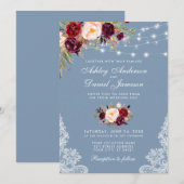 Burgundy Floral Dusty Blue Wedding Lace Lights Kaart (Voorkant / Achterkant)