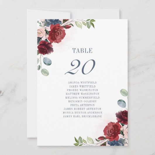 Burgundy Floral Dusty Blue Wedding Table Number 20 Kaart (Voorkant)