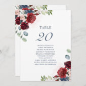 Burgundy Floral Dusty Blue Wedding Table Number 20 Kaart (Voorkant / Achterkant)