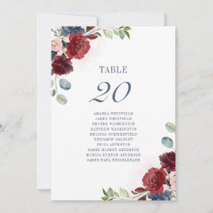 Burgundy Floral Dusty Blue Wedding Table Number 20 Kaart