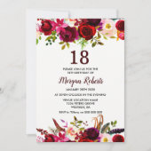 Burgundy Floral Elegant 18th Birthday Party Invite Kaart (Voorkant)