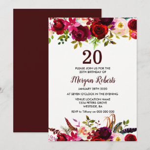 Burgundy Floral Elegant 20th Birthday Party Invite Kaart