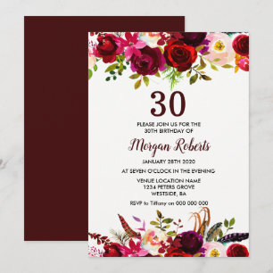 Burgundy Floral Elegant 30th Birthday Party Invite Kaart