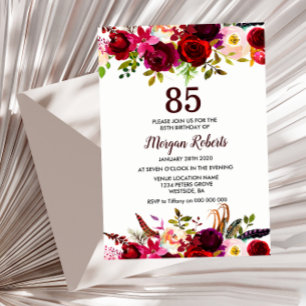 Burgundy Floral Elegant 85th Birthday Party Invite Kaart