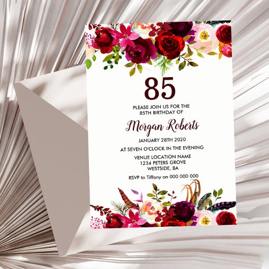Burgundy Floral Elegant 85th Birthday Party Invite Kaart