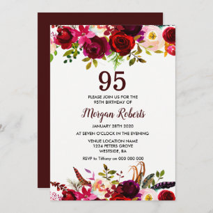 Burgundy Floral Elegant 95th Birthday Party Invite Kaart