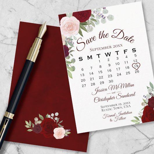 Burgundy Floral Elegant Boho Wedding Calendar Save The Date