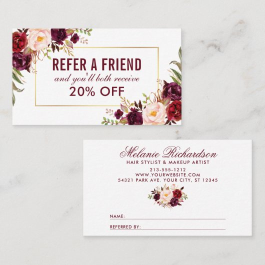 Burgundy Floral Elegant Gold Lijst Referral Visitekaartje (Voorkant / Achterkant)