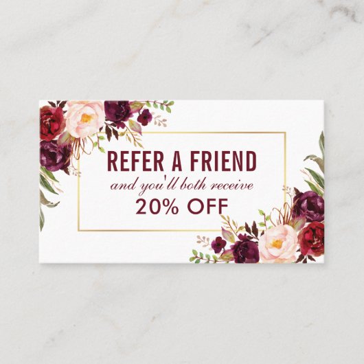 Burgundy Floral Elegant Gold Lijst Referral Visitekaartje (Voorkant)