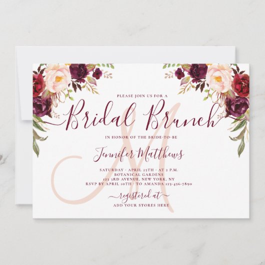 Burgundy Floral Elegant Monogram Bridal Brunch Kaart (Voorkant)