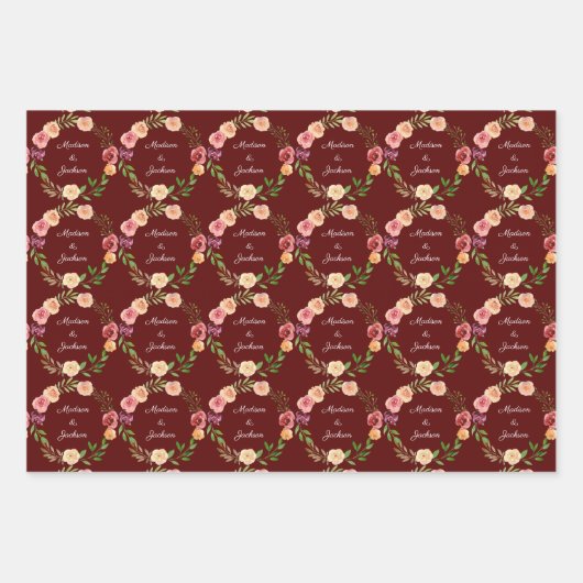Burgundy Floral Elegant Peony Monogram Weddenschap Inpakpapier Vel (Voorkant 2)