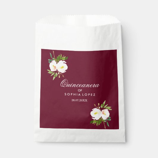Burgundy Floral Elegant Quinceanera Favor Bag Bedankzakje (Voorkant)