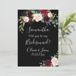 Burgundy Floral Elegant Rustic be be My Bridesmaid Kaart