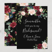 Burgundy Floral Elegant Rustic be be My Bridesmaid Kaart (Voorkant / Achterkant)