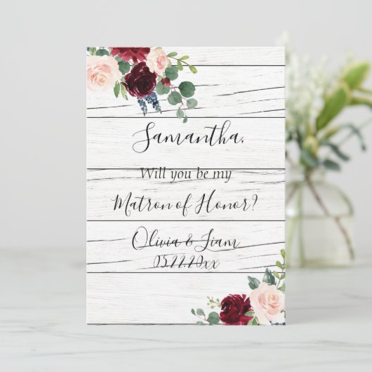 Burgundy Floral Elegant Rustic Matron of Honor Kaart (Staand voorkant)