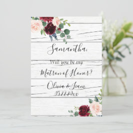 Burgundy Floral Elegant Rustic Matron of Honor Kaart