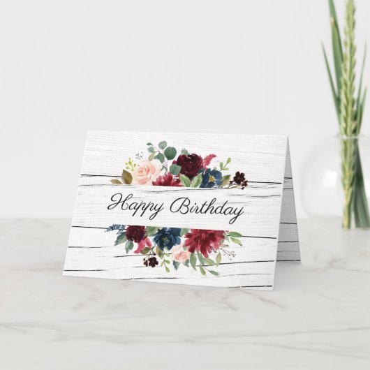 Burgundy Floral Elegant Rustic Waterverf Birthday Kaart (Voorkant)