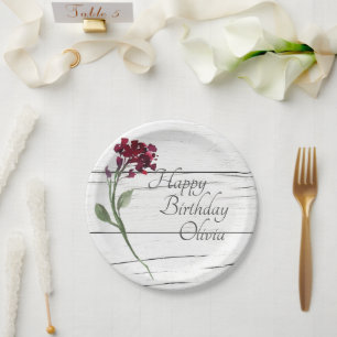 Burgundy Floral Elegant Rustic Waterverf Birthday Papieren Bordje